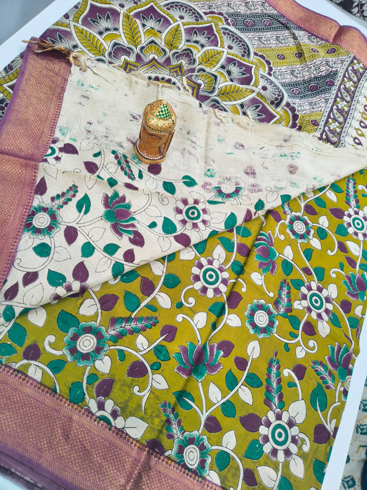 Mangalagiri Kalamkari Sarees with nizam border print