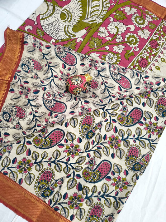 Mangalagiri Kalamkari Sarees with nizam border print