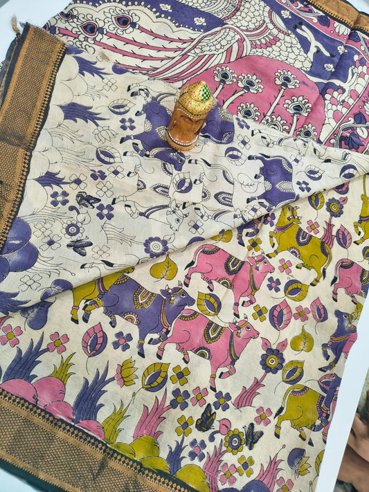 Mangalagiri Kalamkari Sarees with nizam border print