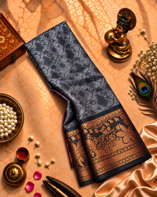 Charcoal Grey Karizma Embossed Silk Saree