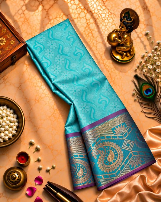 Sky Turquoise Karizma Embossed Silk Saree