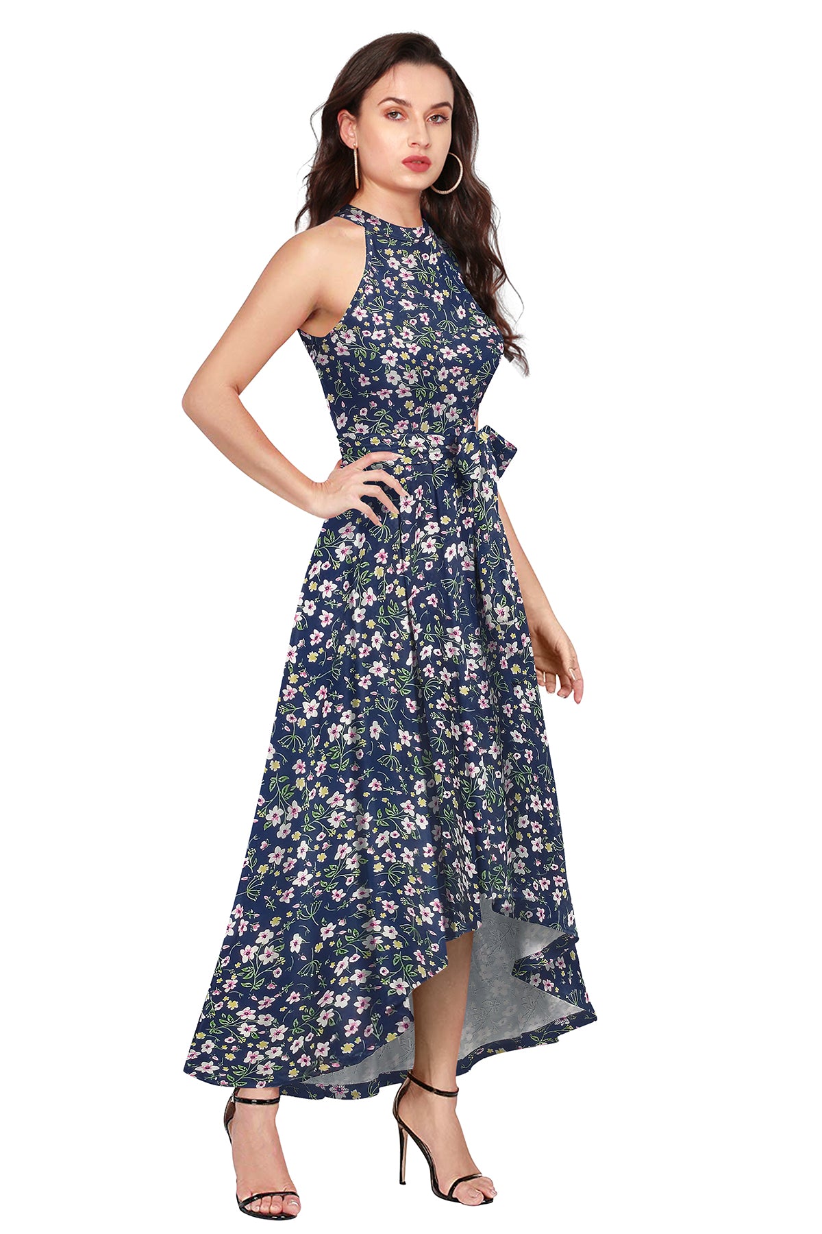Western Wear Dress Polyster Blue Solid Deltin S33 Flower Print Blue