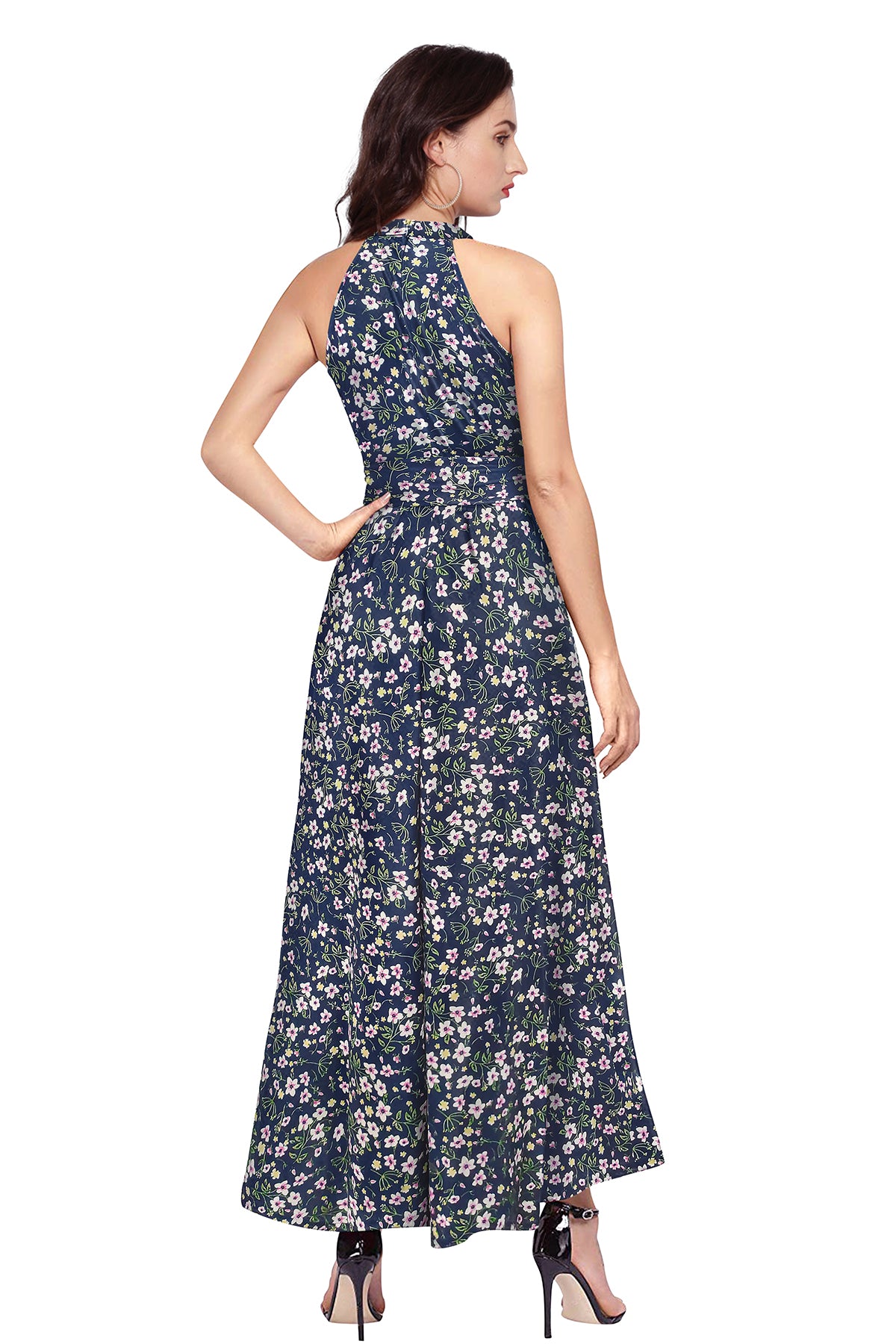 Western Wear Dress Polyster Blue Solid Deltin S33 Flower Print Blue