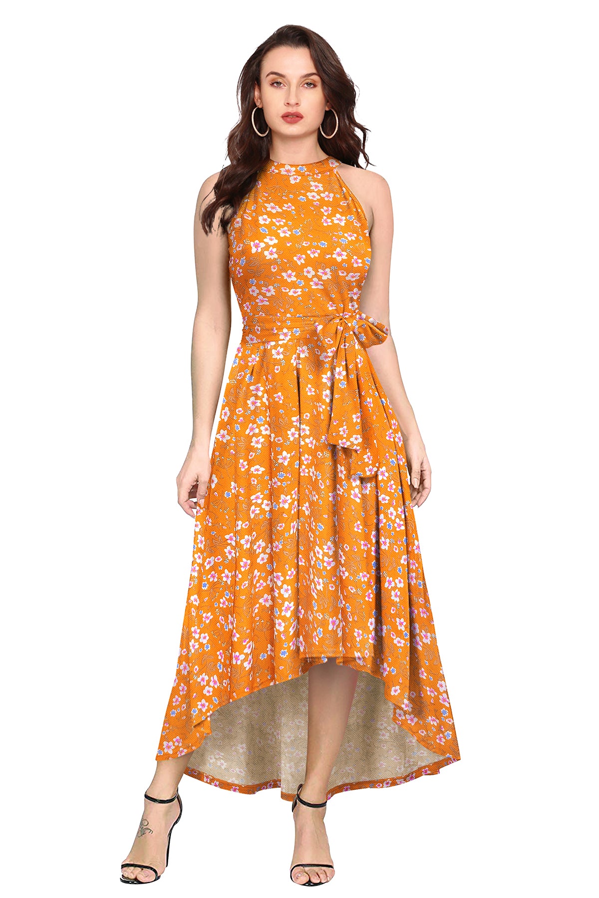 Western Wear Dress Polyster Yellow Solid Deltin S35 Flower Print Yellow