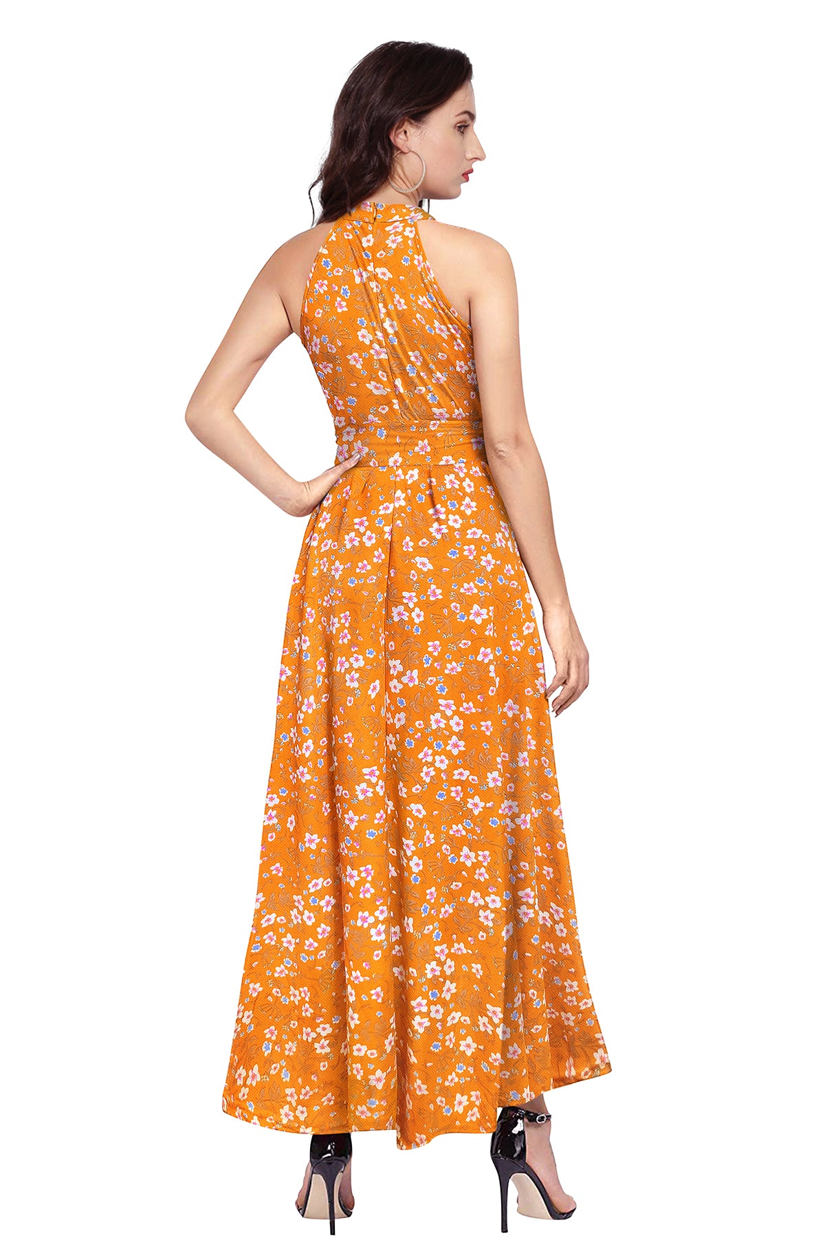 Western Wear Dress Polyster Yellow Solid Deltin S35 Flower Print Yellow