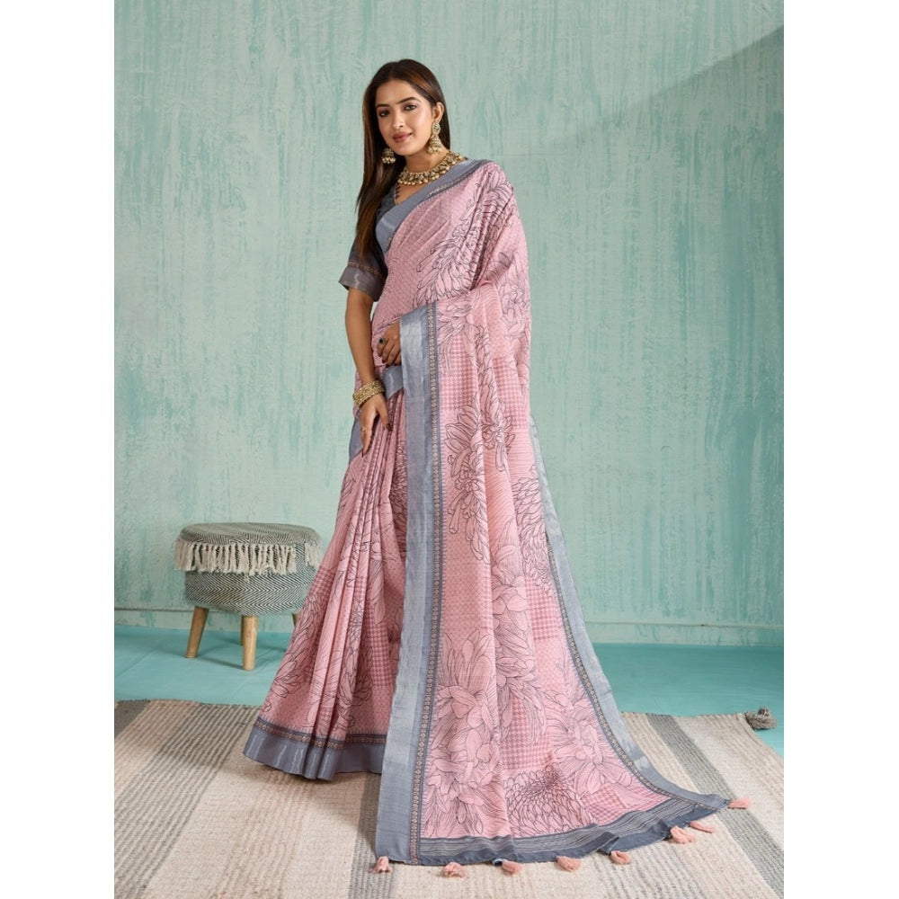 Generic Women's Silk Blend Printed Saree With Unstitched Blouse 5.5Mtr (Pink)