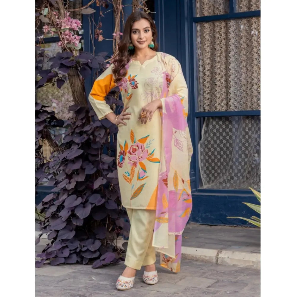 Generic Women's Cotton Blend Printed Kurti With Pant Dupatta Set (Cream)