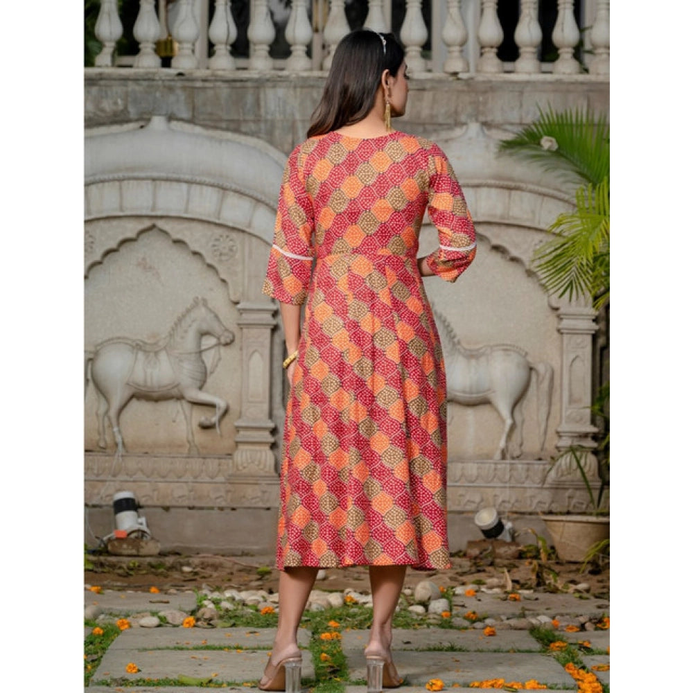 Generic Women's Rayon Print With Embroidery Work A-Line Kurti (Multicolor)