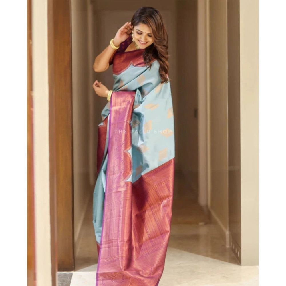 Generic Women's Soft Lichi Silk Printed Saree With Unstitched Blouse 5.5Mtr (Light-Blue)