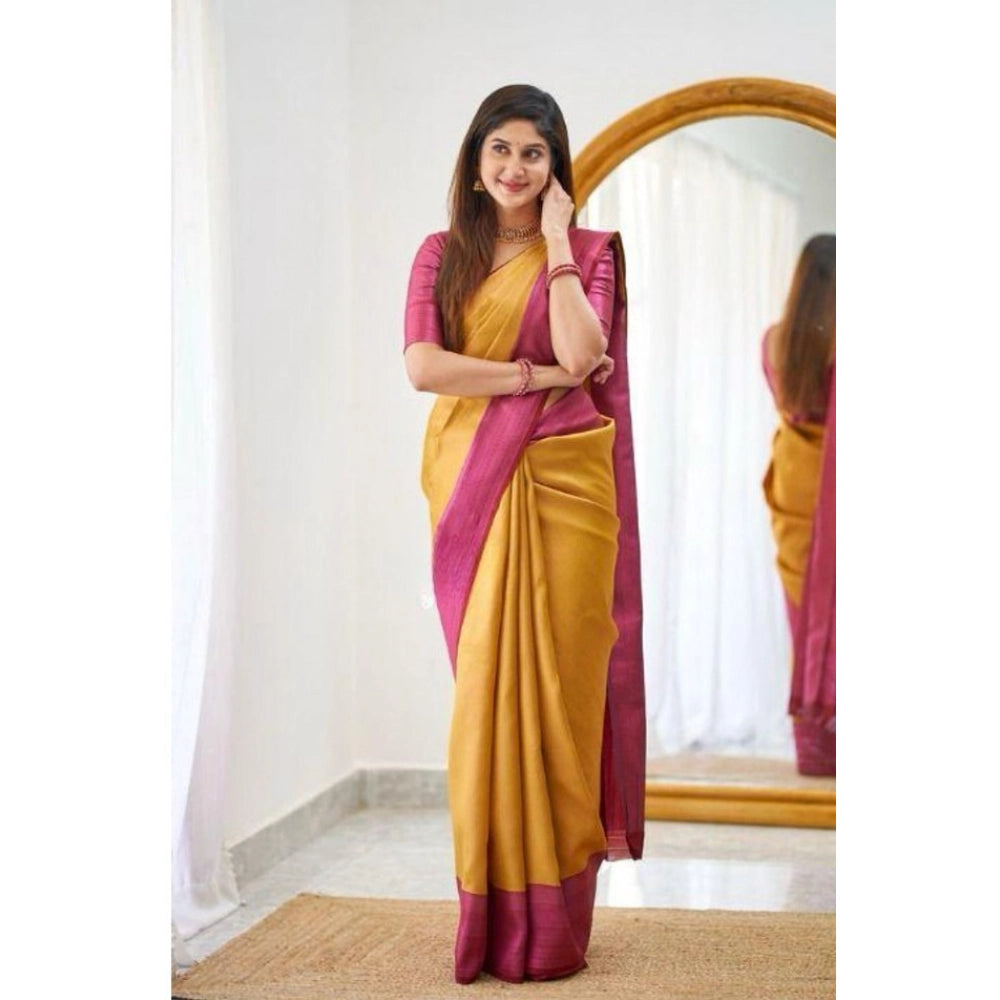 Generic Women's Soft Lichi Silk Printed Saree With Unstitched Blouse 5.5Mtr (Mustard )