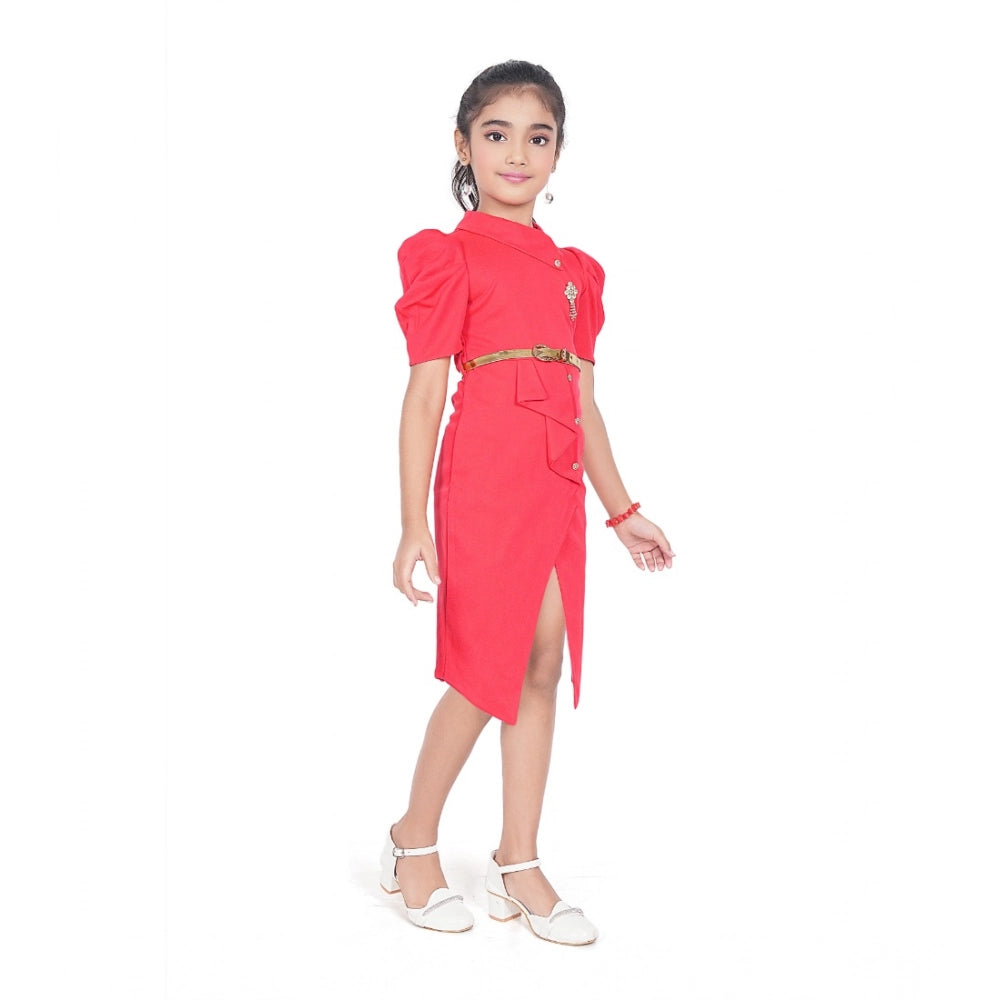 Generic Girl's Cotton Lycra Soild Short Sleeve Close Neck Dress (Pink)