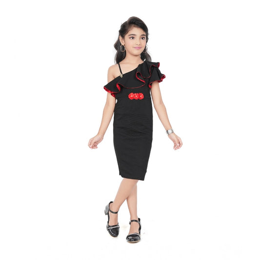Generic Girl's Knitted Soild Sleeve Less Off Shoulder Dress (Black)