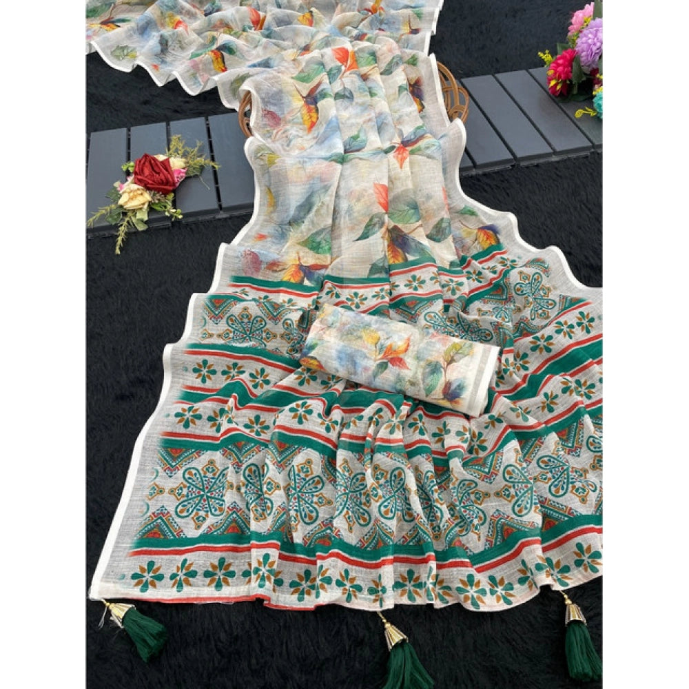 Generic Women's Linen Cotton  Printed Saree With Unstitched Blouse 5.5Mtr (Green)