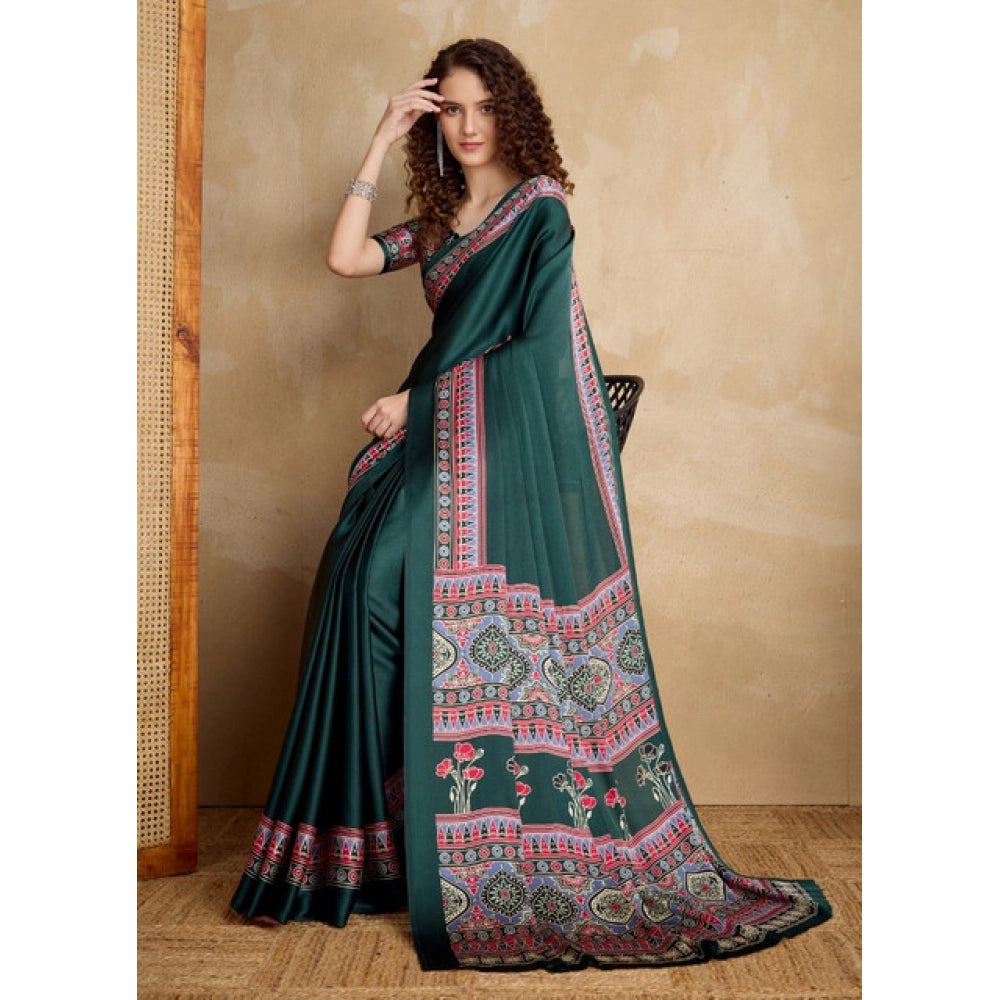 Generic Women's Satin Crepe Printed Saree With Unstitched Blouse 5.5Mtr (Green)