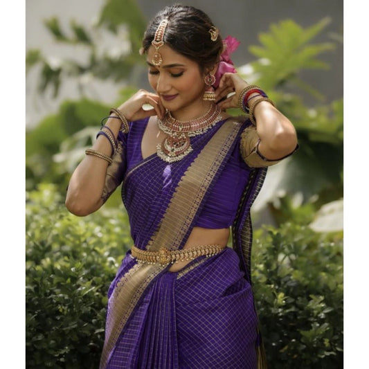 Generic Women's Banarasi Silk Printed Saree With Unstitched Blouse 5.5Mtr (Purple)