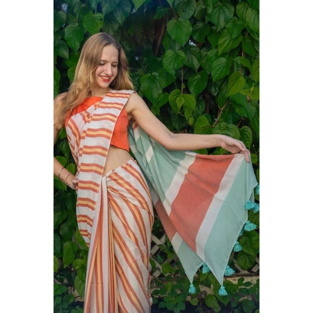 Generic Women's Linen Printed Saree With Unstitched Blouse 5.5Mtr (Orange)