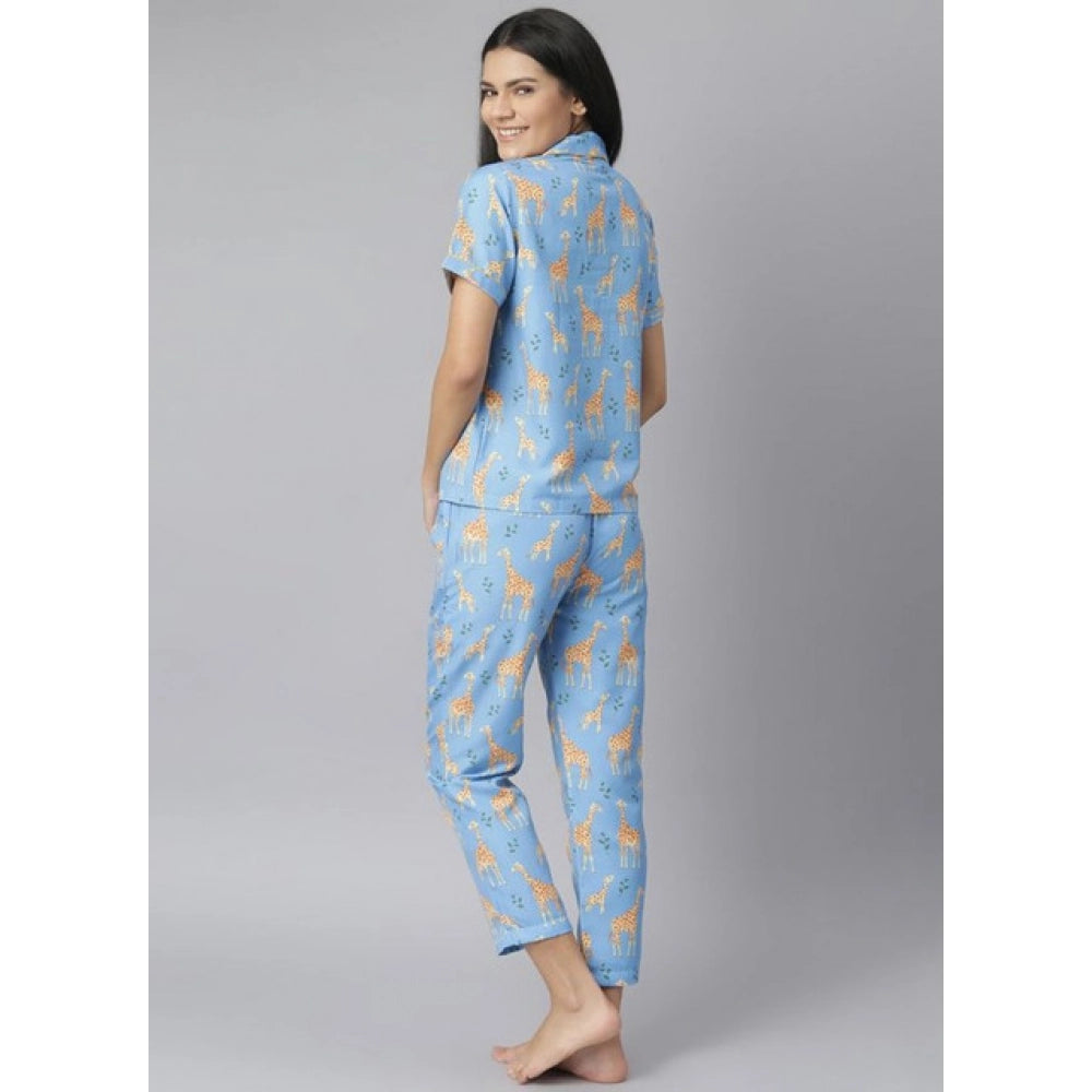 Generic Women's Cotton Blend Printed Short Sleeve Night Suit (Blue)