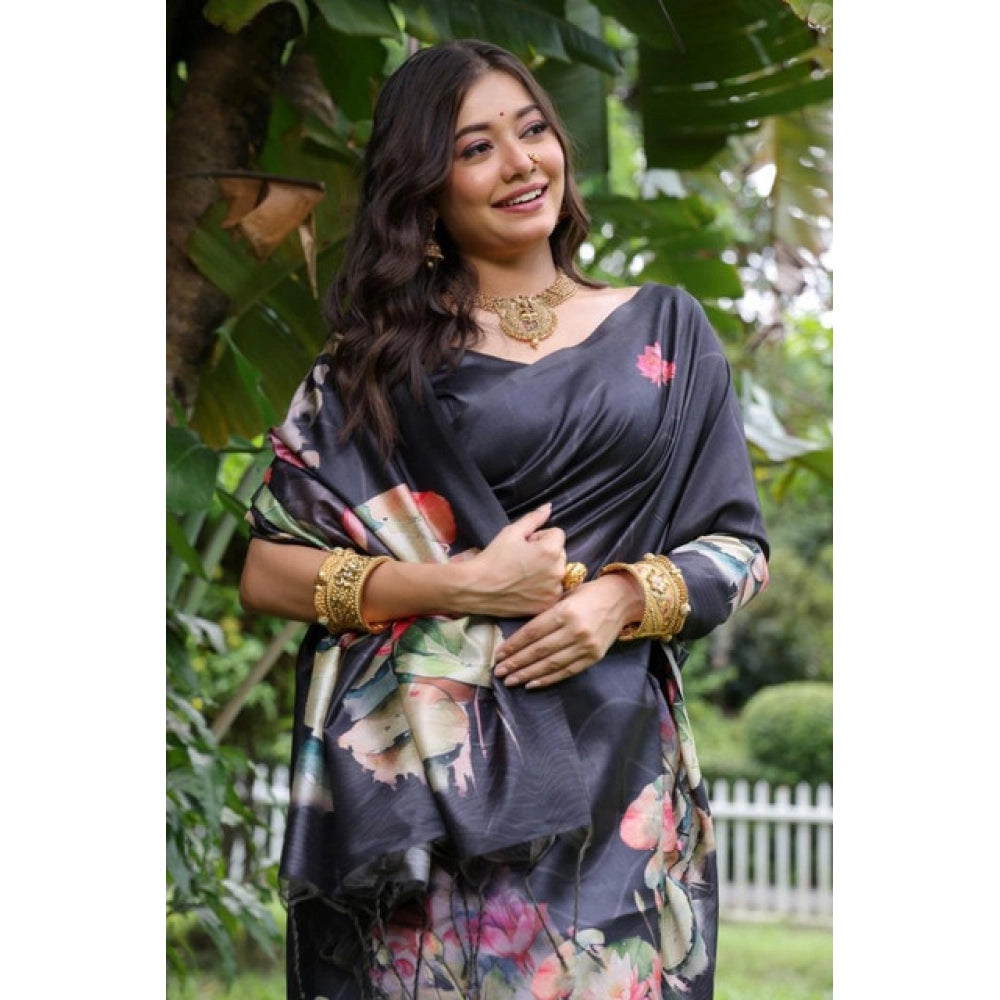 Generic Women's Faux_Tussar Floral Saree With Unstitched Blouse 5.5Mtr (Black)