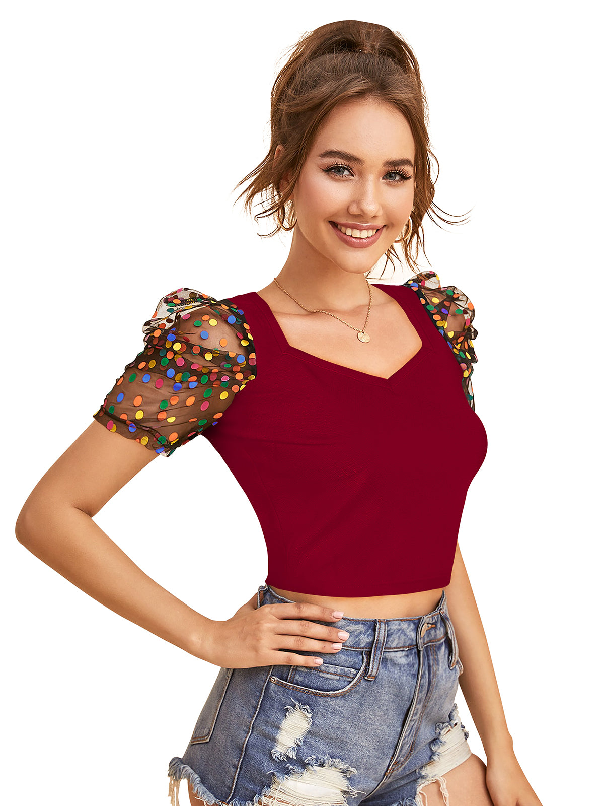 Short V neck top with puff sleeves