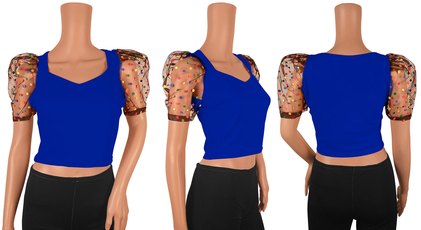 Short V neck top with puff sleeves