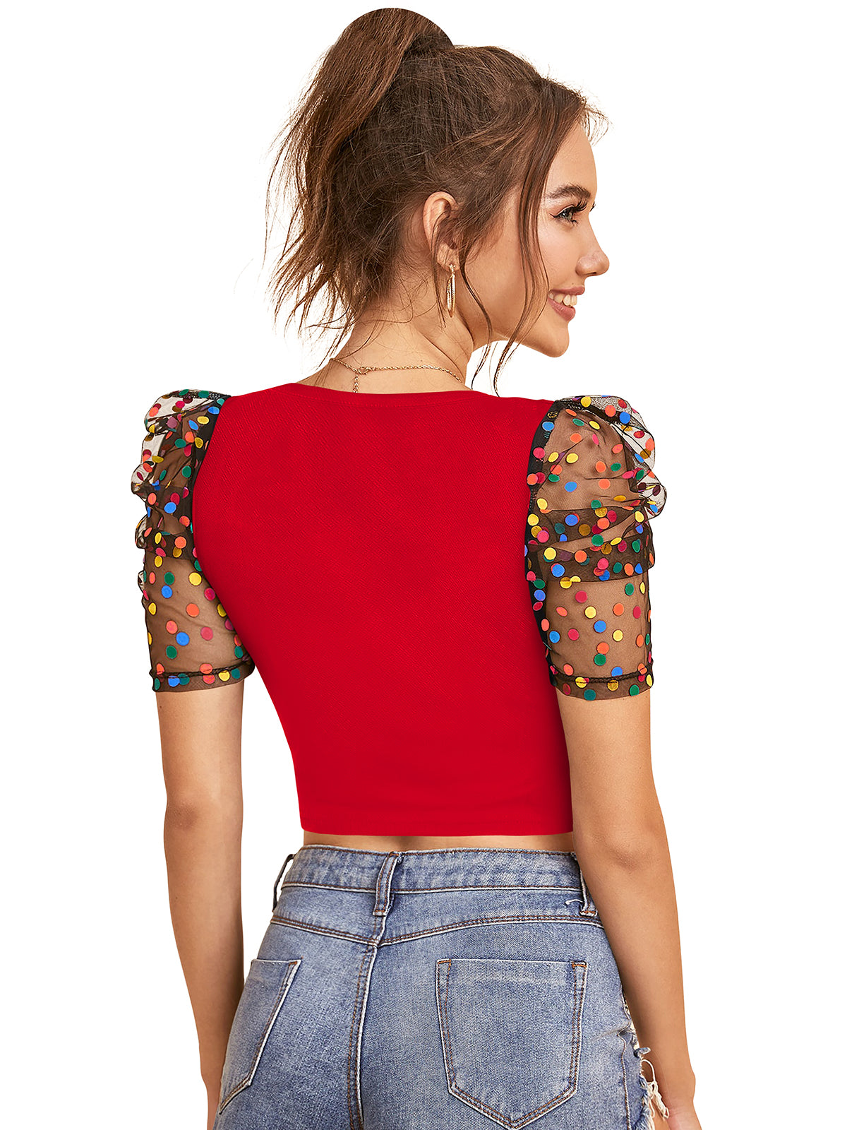 Short V neck top with puff sleeves