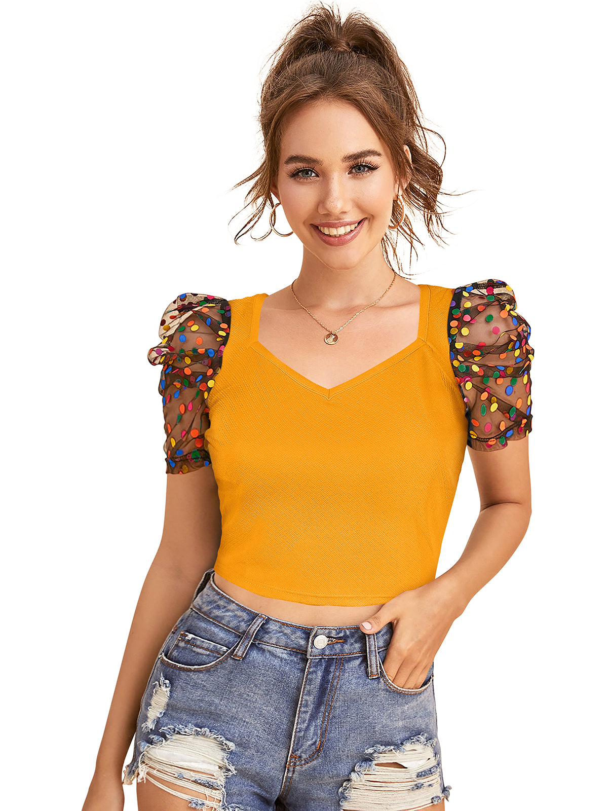 Short V neck top with puff sleeves