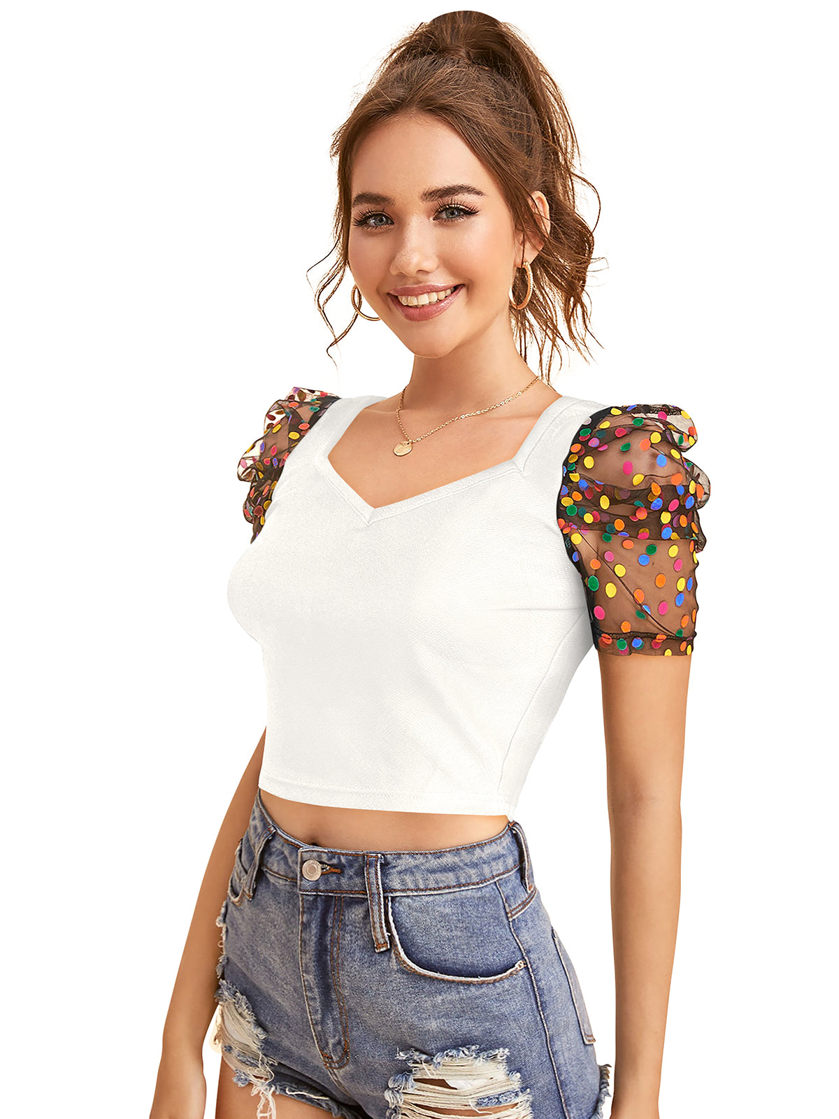 Short V neck top with puff sleeves