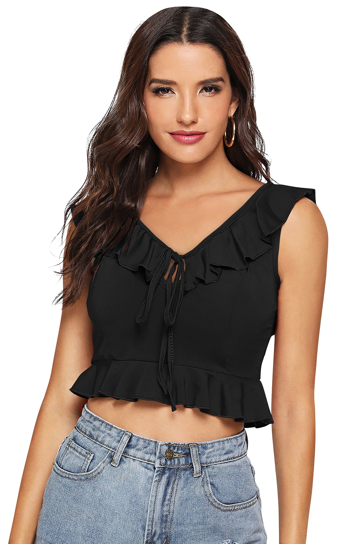 Sleeveless crop top featuring delicate ruffle