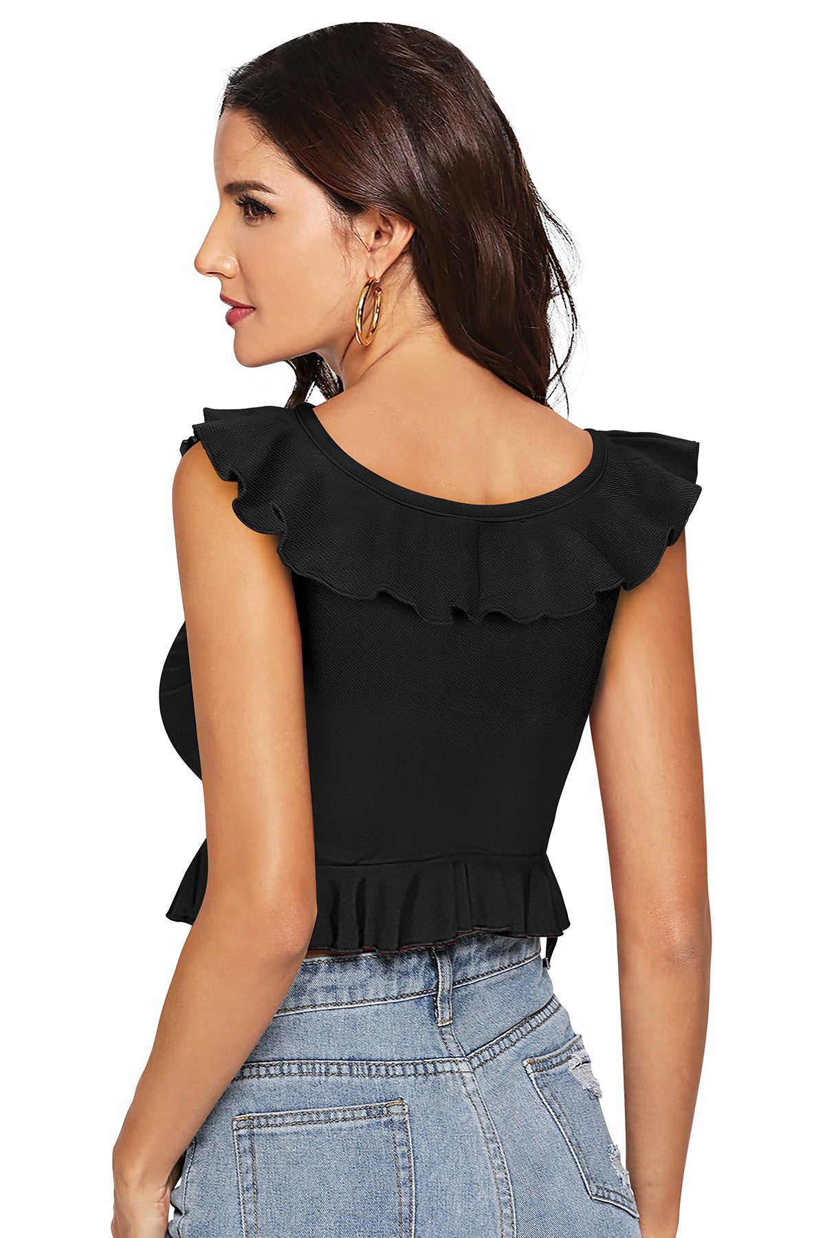 Sleeveless crop top featuring delicate ruffle