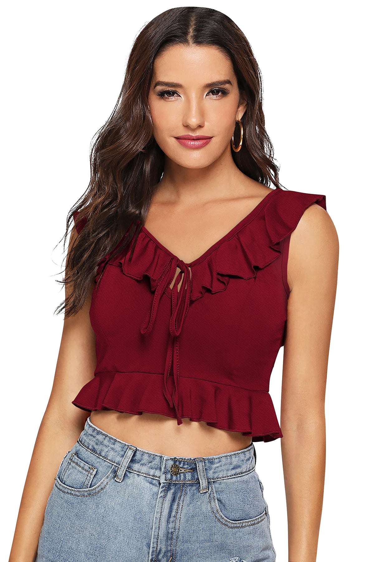 Sleeveless crop top featuring delicate ruffle