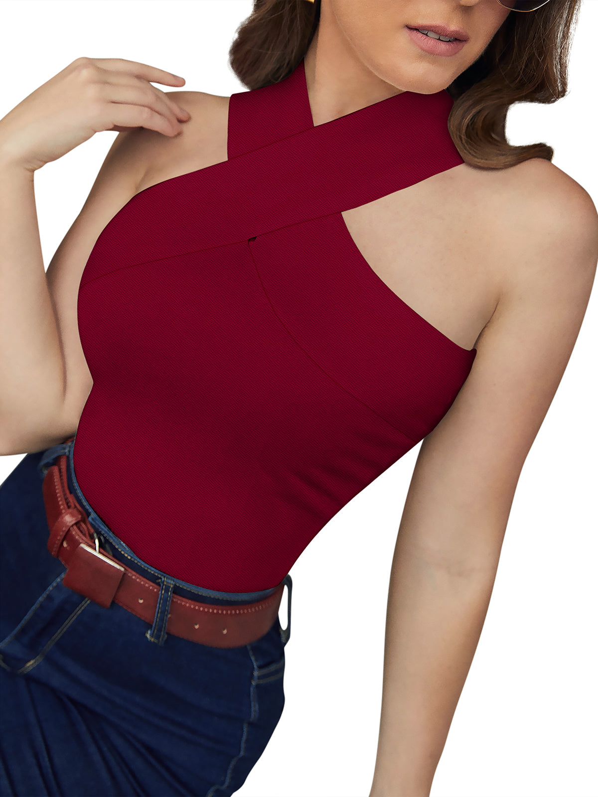 Sleeveless cross neck top