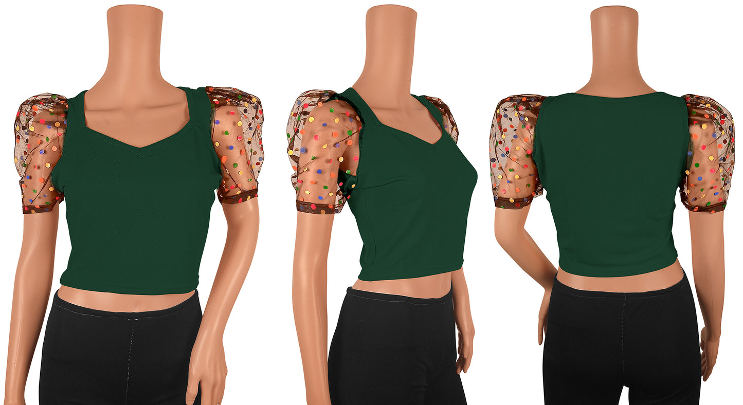 Short V neck top with puff sleeves