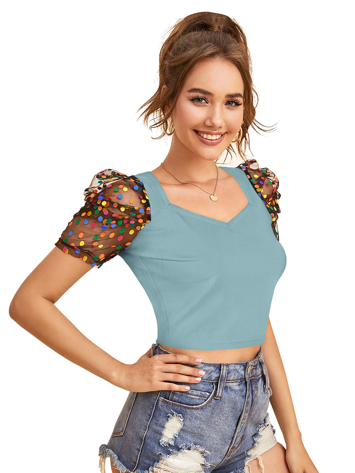Short V neck top with puff sleeves