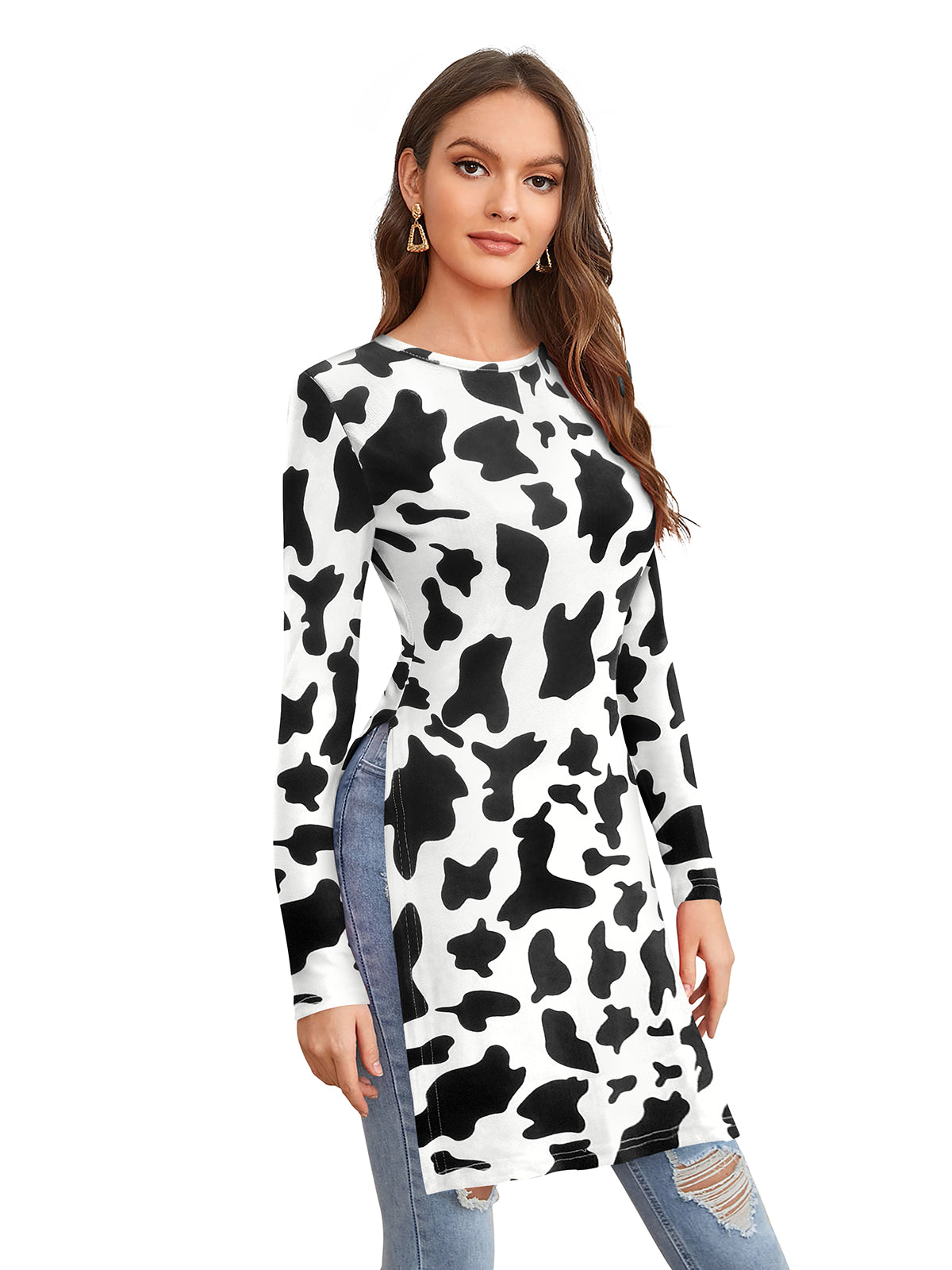 Wester Wear Polyester/ Knitting  Tops- White Cow Pattern full length