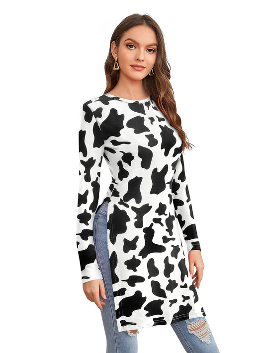 Wester Wear Polyester/ Knitting  Tops- White Cow Pattern full length