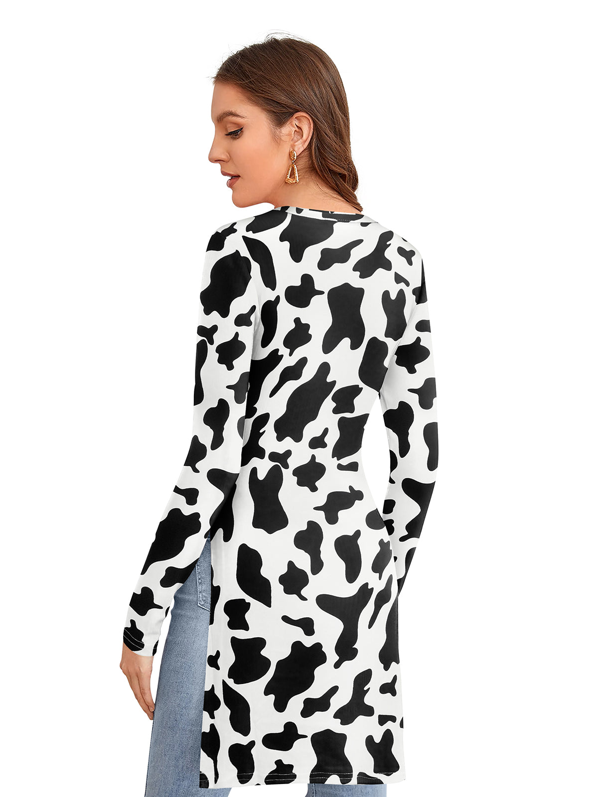 Wester Wear Polyester/ Knitting  Tops- White Cow Pattern full length