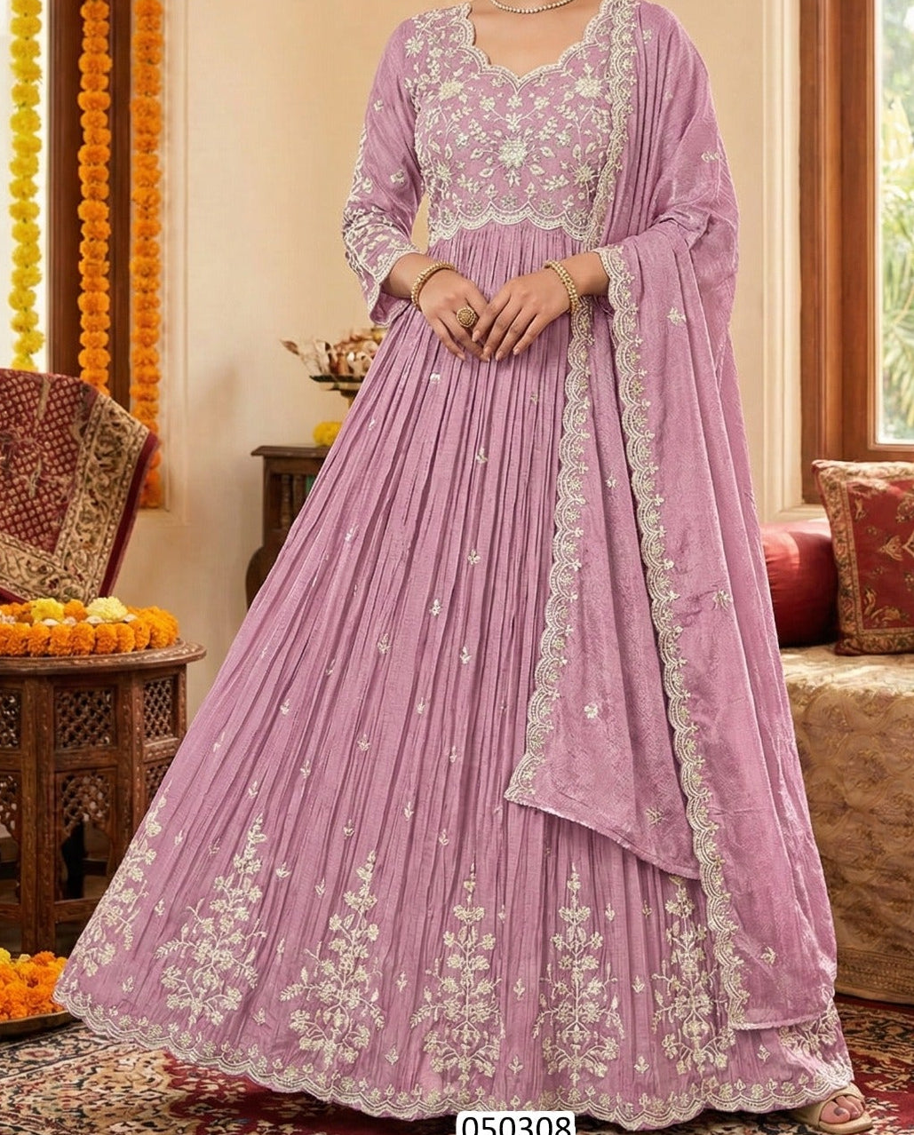 Pure Chinon embroidered gown set
