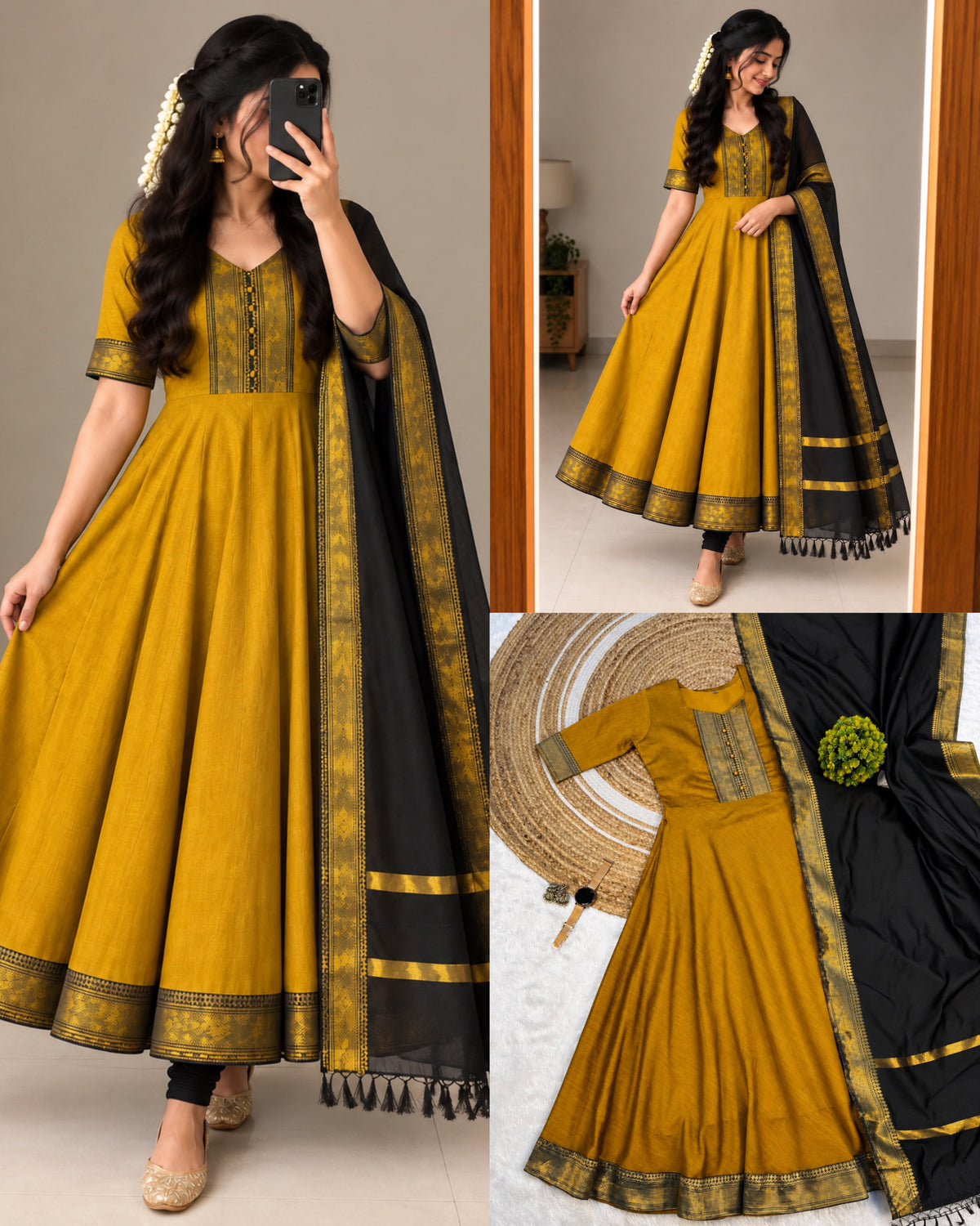 Mangalagiri Silk Cotton Anarkali Set - Mustard & Black