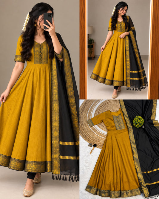 Mangalagiri Silk Cotton Anarkali Set - Mustard & Black
