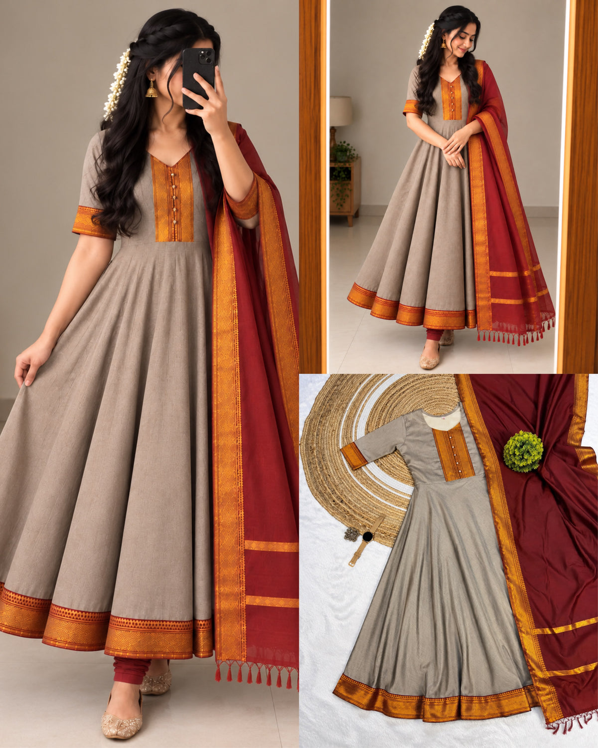 Mangalagiri Silk Cotton Anarkali Set - Grey & Maroon