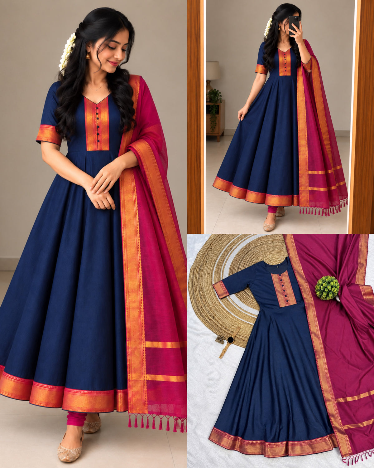Mangalagiri Silk Cotton Anarkali Set - Navy & Pink