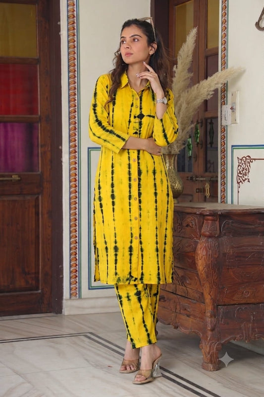 Cotton Handblock Co-ord Set - Yellow Tie-Dye Stripe Print