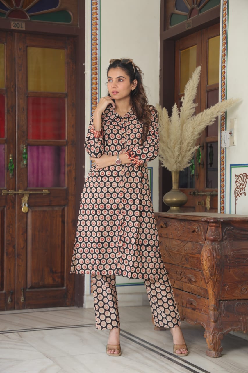 Cotton Handblock Co-ord Set - Black Medallion Print