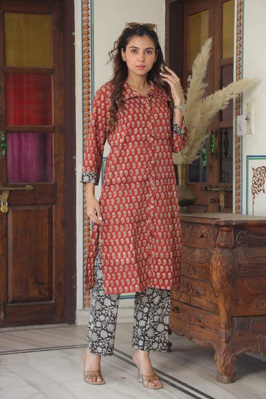 Cotton Handblock Co-ord Set - Red Floral Black Contrast
