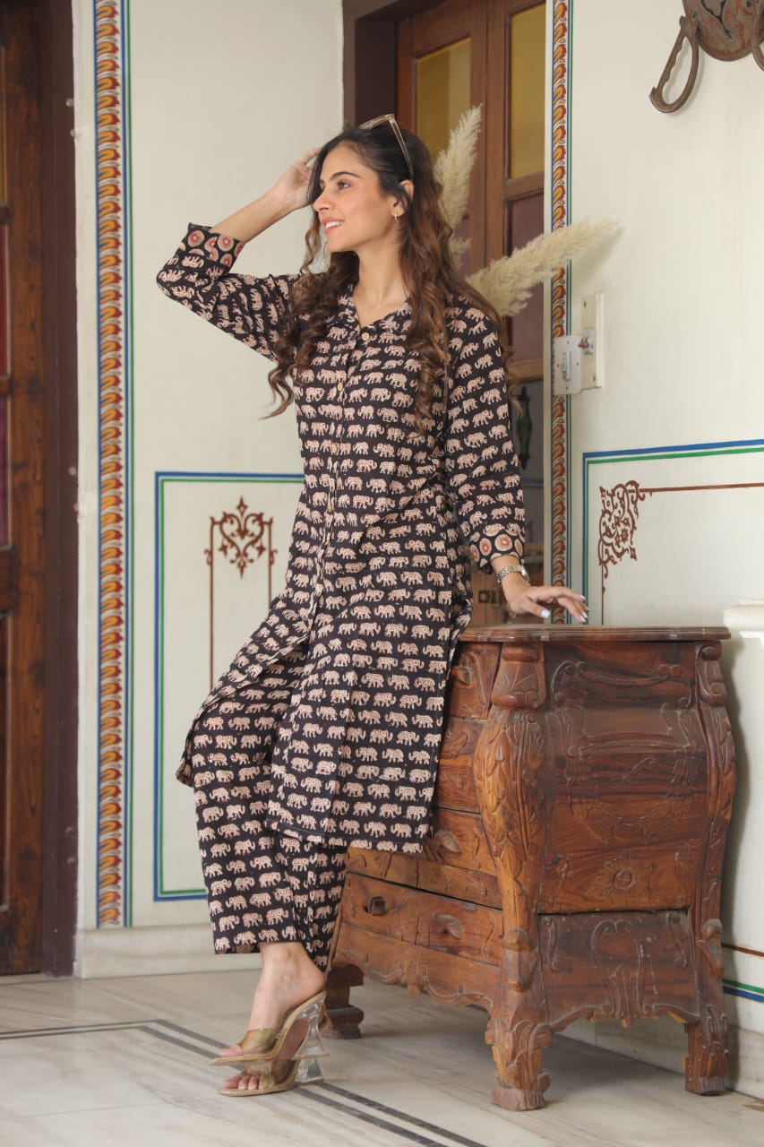 Cotton Handblock Co-ord Set - Black Elephant Print