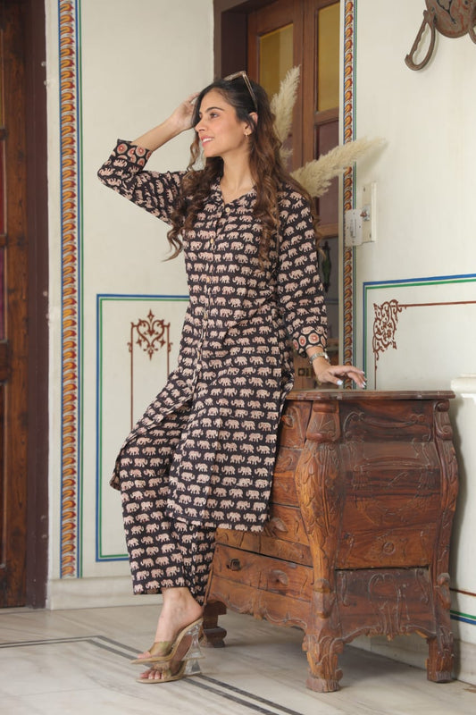 Cotton Handblock Co-ord Set - Black Elephant Print