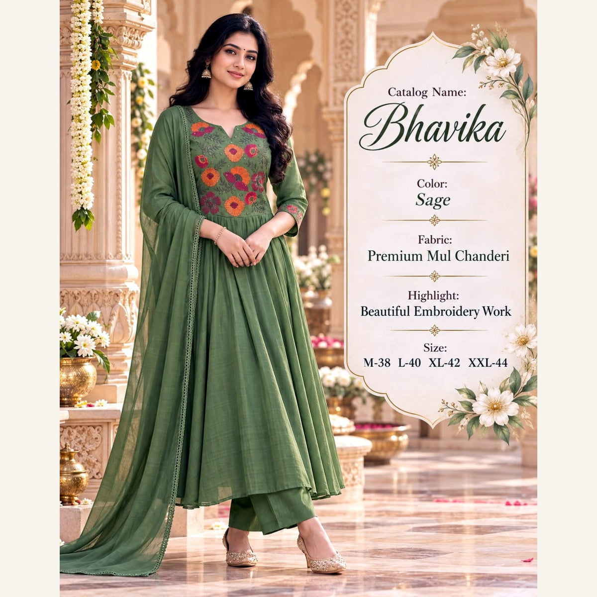 Bhavika Mul Chanderi Anarkali Suit Set - Sage