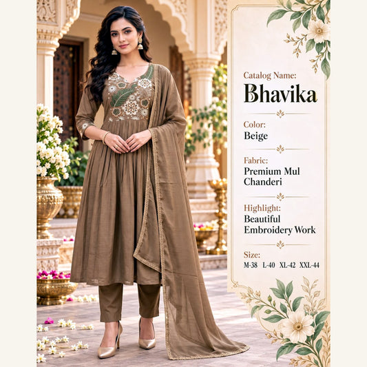 Bhavika Mul Chanderi Anarkali Suit Set - Beige