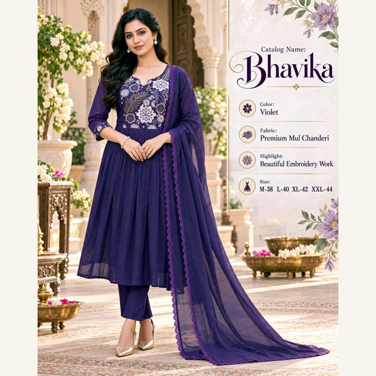 Bhavika Mul Chanderi Anarkali Suit Set - Violet