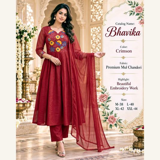Bhavika Mul Chanderi Anarkali Suit Set - Crimson